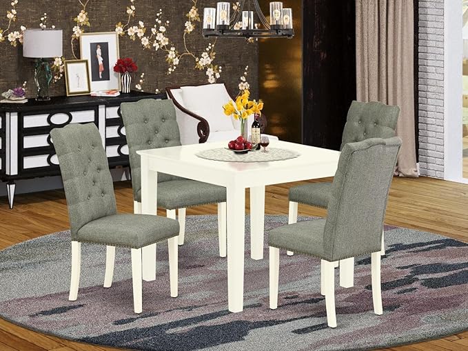 East West Furniture OXEL5-LWH-07 5 Piece Dining Room Table Set Includes a Square Kitchen Table and 4 Gray Linen Fabric Parsons Dining Chairs, 36x36 Inch, Linen White