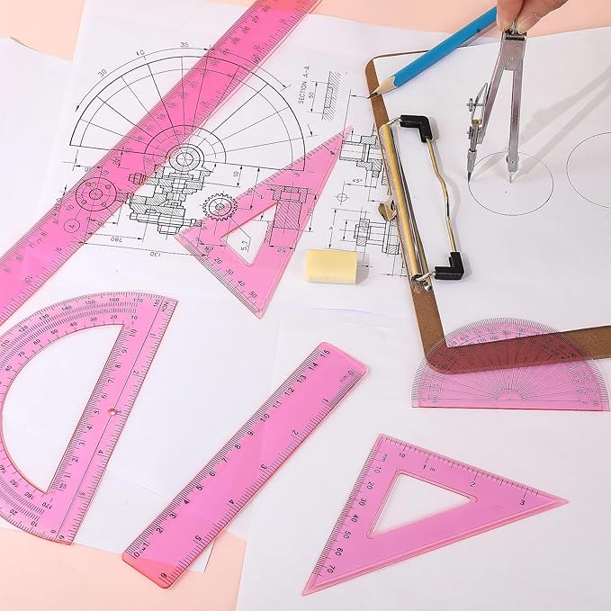 Zonon 1 Set Plastic Geometry Math Set Includes Drawing Compass, 6 Inch 4 Inch Protractor, 45/60 Degree Triangle Rulers 12 Inch 6 Inch Math Ruler Transparent for Office Supplies (Pink)