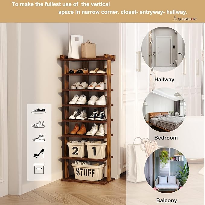 HOMEFORT 7-Tier Wood Shoe Rack, Double Rows Shoe Shelf, Shoe Storage Stand, Entryway Shoe Tower, Vertical Shoe Organizer for Narrow Closet, Entryway, Hallway, Rustic Brown