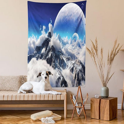 Ambesonne Fantasy Tapestry, Celestial View of Snow Capped Mountains and Alien Planet Print, Fabric Wall Hanging Decor for Bedroom Living Room Dorm, 30" X 45", White and Navy Blue