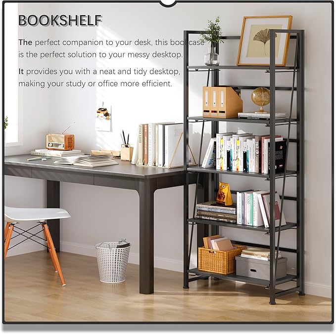 4NM No Assembly Folding Bookshelf, 5-Shelf 62.2" H Collapsible Foldable Bookcase Storage for Small Spaces, All Black