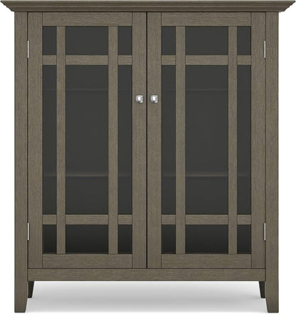 SIMPLIHOME Bedford Storage Cabinet - 39 inch Wide Solid Wood Medium Cabinet in Farmhouse Grey, Transitional Console for Living Room, Entryway, or Dining Room with Glass Doors and Adjustable Shelves