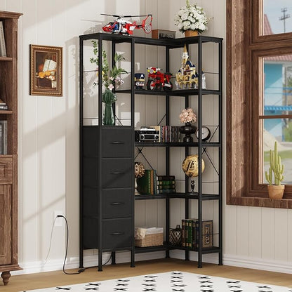 Corner Bookshelf with LED Light Strips & 4 Fabric Drawers, 5-Tier Convertible Corner Shelf with Display Shelf, Large Wood Industrial Bookcase for Living Room, Bedroom, Home Office, Black