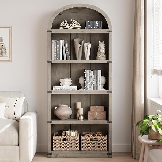 GarveeHome Bookcase 5 Shelf Arched Bookshelf 71.65in Tall Bookcase Farmhouse Display Storage Rack Wooden Bookshelves for Home Office, Living Room (Rustic Gray)