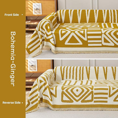 STACYPIK Mustard Yellow Boho Sofa Cover Couch Cover Reversible Jacquard Furniture Protector for 3 Cushion Couch L Shaped Sofa Slipcover Non-Silp Sofa Cushion Covers for Sectional with Tassels-91X134IN