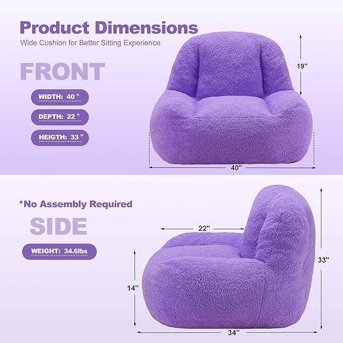 Homguava Bean Bag Chairs for Adults,Giant Beanbag Couch Adult Bean Bag Chair with Filler Included,Modern Lazy Sofa Comfy Chair for Living Room(Purple)