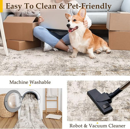 4x5 Washable Area Rug Brown Grey Neutral Abstract Entryway Kitchen Non Slip Low Pile Throw Rug Living Room Bedroom Indoor Doormat Soft Carpet for Entrance Bathroom Office