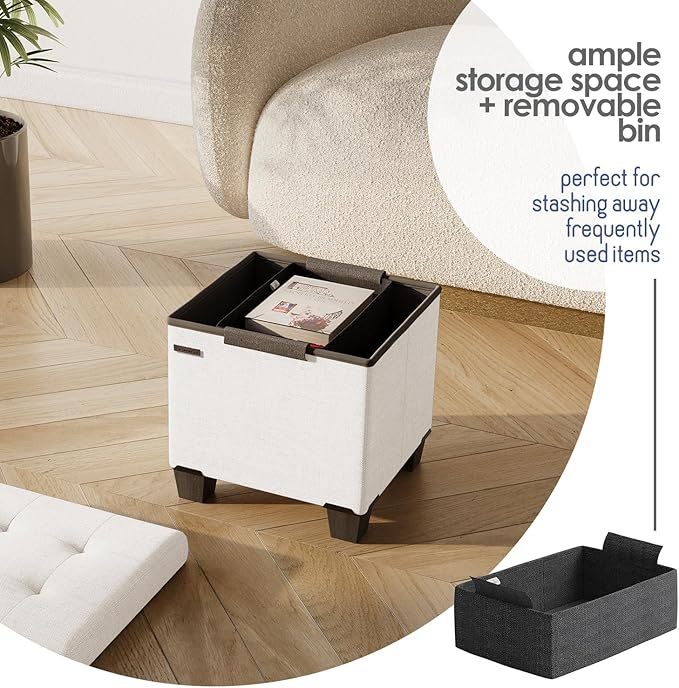 STORAGEBUD Storage Ottoman Cube with Small Bin, 16-in Square Ottoman with Storage for Living Room and Bedroom, Small Ottomans Foot Rest, Fabric Foot Stools Ottomans Max 330lbs, Cream