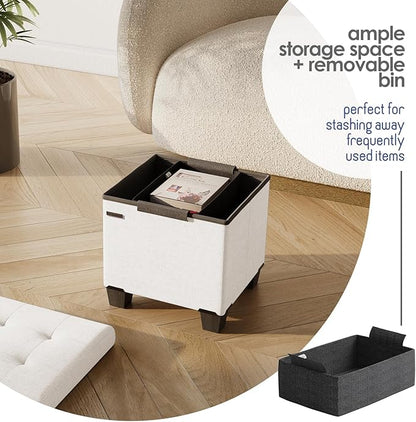 STORAGEBUD Storage Ottoman Cube with Small Bin, 16-in Square Ottoman with Storage for Living Room and Bedroom, Small Ottomans Foot Rest, Fabric Foot Stools Ottomans Max 330lbs, Cream