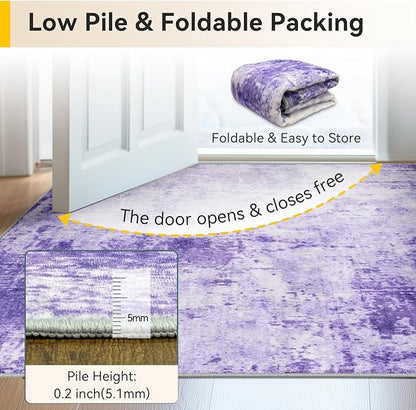 Washable Area Rugs 3'x5' Non-Slip Modern Abstract Soft for Living Room Entryway Bedroom Nursery, Print Pattern, Purple Gray Pink White