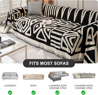 STACYPIK Boho Black Beige Couch Cover Wrinkle Resistant Sofa Cover for Cat Dog Geometric L Shaped Slipcover for Sectional Multi-Use Pet Protector for 2 Cushion Couch Tassels Recliner Cover-71x118IN