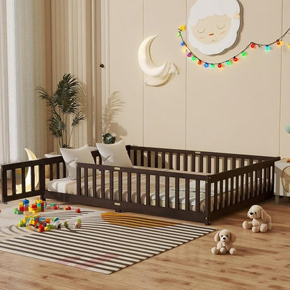 Queen Size Floor Bed Frame with Slats and Safety Guardrail, Wood Queen Size Montessori Floor Bed with Door and Fence, Easy Assemble Montessori Beds for Kids, Girls, Boys, Espresso