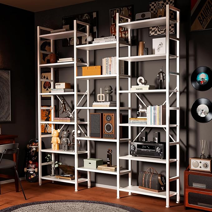 SUPERJARE Triple 6 Tier Bookshelf, Bookcase with 17 Open Display Shelves, Wide Book Shelf Book Case for Home & Office, White