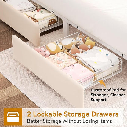 Full Upholstered LED Bed Frame with 2 Storage Drawers and 2-Tier Storage Headboard, Velvet Princess Platform Bed with Charging Station & Bookcase, Corner Bed Frame, Heavy Duty Metal Support, Beige