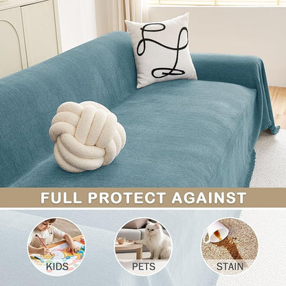 hyha Couch Cover for Dogs, Boho Sofa Covers for 3 Cushion Couch Washable, Chenille Sofa Slipcover for Pets, Soft Loveseat Sectional Couch Throw Blankets with Tassels (Blue, 71x150 Inch)