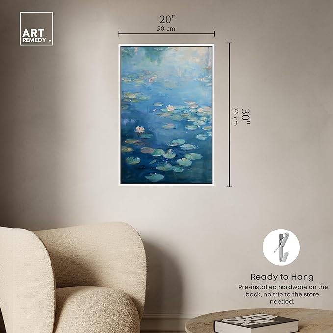 Art Remedy Lilypads In Blues Framed Impressionism 1 Piece Canvas Wall Art/Monet And Van Gogh Inspired Art, 21" x 31", White Frame