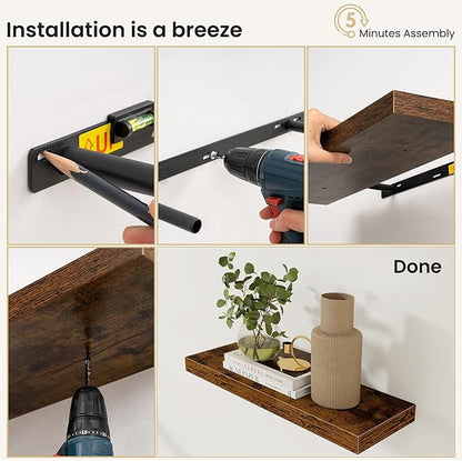 Fun Memories Floating Shelves for Wall, Rustic Wood Wall Mounted Shelves for Bathroom, Bedroom, Living Room and Kitchen, Storage & Home Decor (Set of 2, Brown, 40 in)