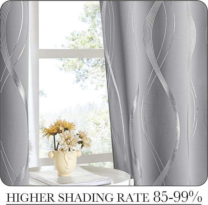 NICETOWN Silver Grey Pattern Curtains for Bedroom, 52 x 84 Inch Noise Reducing Thermal Insulated Wave Line Foil Print Design Room Darkening Window for Patio Sliding Glass Door(2 Panels)