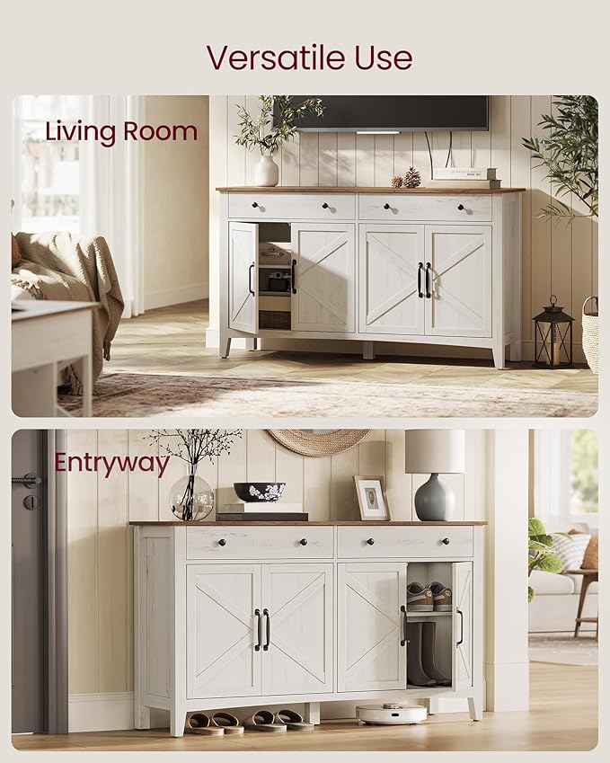 VASAGLE LIRY Collection - Buffet Cabinet, Coffee Bar Cabinet with 2 Drawers, Adjustable Shelves, Sideboard Storage with Cable Holes, Drawer Dividers, Rustic White and Honey Brown UBBK381W01