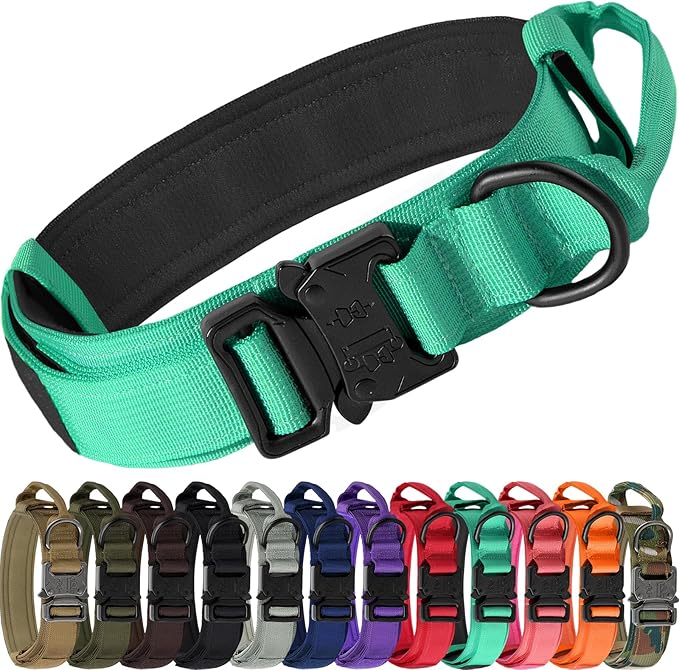 Joytale Tactical Dog Collar with Handle, Adjustable Heavy Duty Military Collar with 2 Patches for Training, Suitable for Medium Dogs, Teal, M