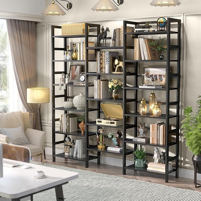 Homykic Bamboo Triple Wide Shallow Bookshelves and Bookcases, 6-Tier 6ft Tall Bookshelf with 17 Open Display Shelves, Super Large Freestanding Book Shelf for Home Office, Bedroom, Living Room, Black
