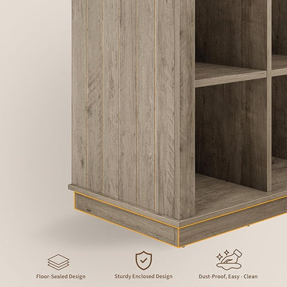 GarveeHome 9 Cube Storage Organizer Bookshelf, 4 Tier Farmhouse Horizontal Bookcase, 37.4 Inch Wood Storage Bookcase for Entryway, Long Low Bookshelves for Living Room-Grey