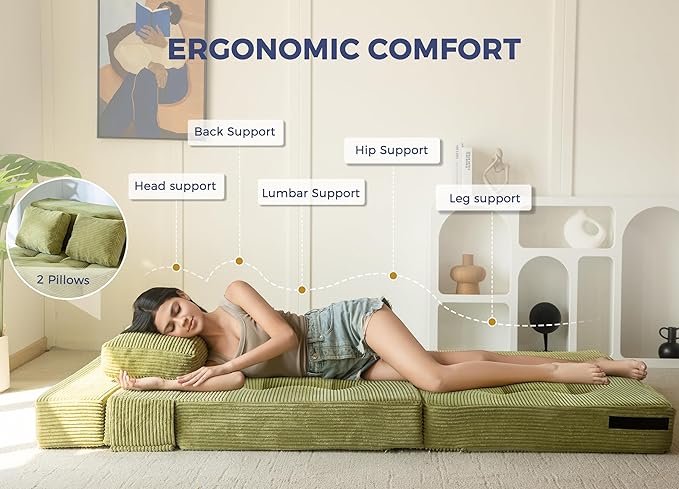 MAXYOYO Convertible Sofa Bed, Fold Out Loveseat Sleeper Sofa with Pillow, 4 in 1 Tufted Folding Couch Bed Foam Floor Couch, Lazy Chair for Living Room Bedroom Guest Room, Green