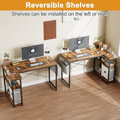 L Shaped Computer Desk with Reversible Shelves, 40 Inch Small Corner Desk with Storage Bag, Gaming Desk Computer Table Study Writing Desk for Home Office Small Space, Rustic Brown