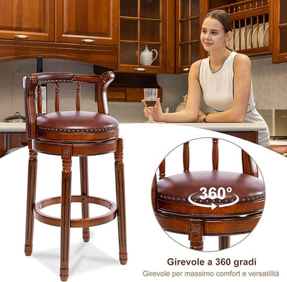 Cow top Leather Wooden Bar Stools, 360 Degree Swivel Bar Height Chair with Backs for Home Kitchen Counter, Morden Chair Barstools (Brown 1pc, Bar Height-Seat Height 29.5”)