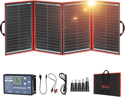 DOKIO 200W Portable Foldable Solar Panel Kit, Compact 20x26.4in Design 9.7lb with Separate Controller and Dual USB, Monocrystalline Charger for 12V Batteries & Power Stations, RV Camping Emergency Use