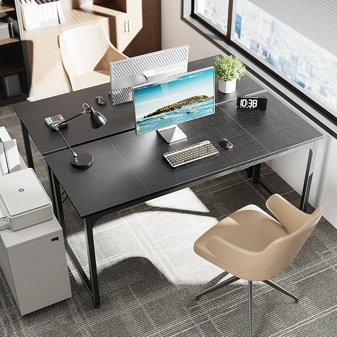 Huuger Modern Simple Office Desk, 63 Inch, Gaming & Writing Desk with Storage, Large Legroom, Metal Frame, Black