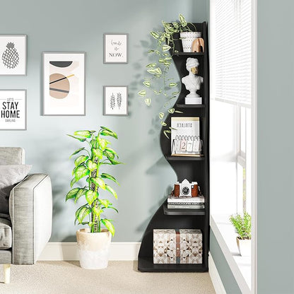 Tribesigns Corner Shelf, Modern 5-Tier Wall Corner Bookshelf, Stylish Corner Small Bookcase Storage Rack Plant Stand with Unique Shape for Living Room, Home Office, (1PC, Black)