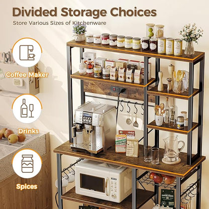 SUPERJARE Large Bakers Rack with Power Outlets, 6-Tier Microwave Stand, Coffee Bar with 12 S-Shaped Hooks, Kitchen Shelf with Wire Basket, 39.3 x 15.5 x 66.9 Inches, Rustic Brown