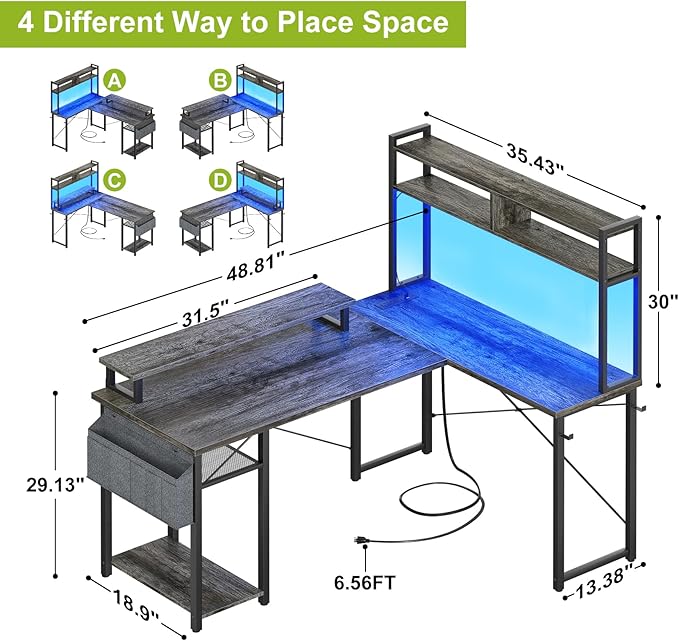 Small L Shaped Gaming Desk with Power Outlets, 48" Reversible L Shaped LED Computer Desk with Monitor Stand & Storage Shelf, Corner Gamer Desk Home Office Desk with Storage Bag, Black Oak