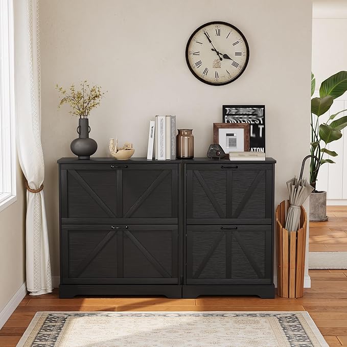 Semiocthome Farmhouse Shoe Storage Cabinet with 2 Flip Drawers, 23.6"(W) Freestanding Shoe Organizer with Barn Door and Metal Handles for Entryway, Corner Rustic Narrow Shoe Rack Cabinet - Black