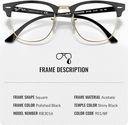 Ray-Ban RB3016 CLUBMASTER BLUE-VIOLET LIGHT CLEAR Square Shaped Sunglasses for Men & Women with Official RAYBAN Eyewear Kit
