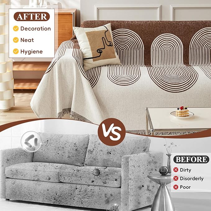 STACYPIK Soft Boho Chenille Couch Cover for Pets Beige Khaki Sofa Cover for 3 Cushion Couch Non Slip Furniture Protector with Tassels Geometric Couch Cover L Shaped Pet Friendly Washable-71x134IN