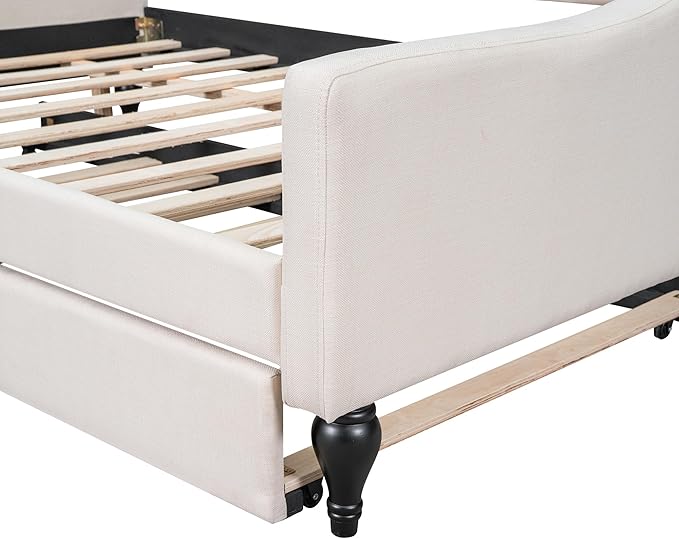 Full Size Linen Upholstered Tufted Daybed with Twin Size Trundle,Sofa Bed,No Box Spring Needed, Furniture for Bedroom Living Room Guest Room,Beige