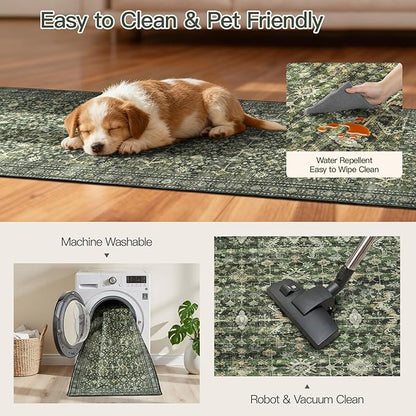 Lofus 2X 8 Area Rug for Hallways,Green Washable Runner Rugs with Non Slip Rubber Backing, Low Pile Soft Carpet Runner for Kitchen Bathroom Bedroom Laundry