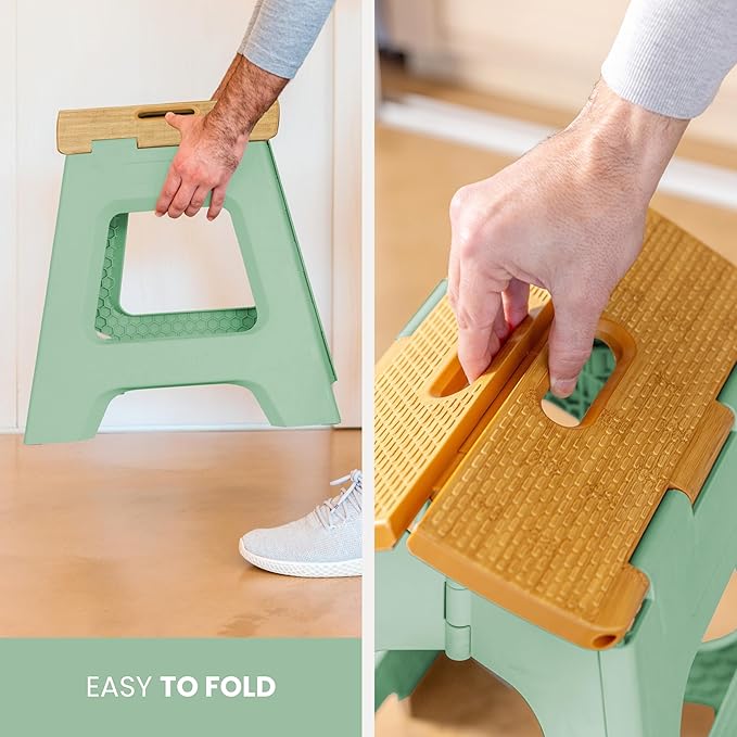 Vigar Compact Step Stool Foldable, 12-1/2-inch Step Stools for Adults up to 330 Pound, Lightweight Stool, Non-Slip Folding Step Stool, Bamboo Print on Top, Vintage Green