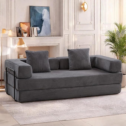 Convertible Sofa Bed, Compression Futon Sofa with Pillows & Armrest, Foldable Mattress Couch with Fixed-Shape Frame, Comfy Couch Lounge Sleeper Bed for Living Room Bedroom, Dark Gray