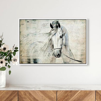 Country Farmhouse Canvas Print Painting Animal Wall Art 'Southern White Horse' White Framed Canvas Rustic Home Décor 24x16 in Gray, Brown by Oliver Gal
