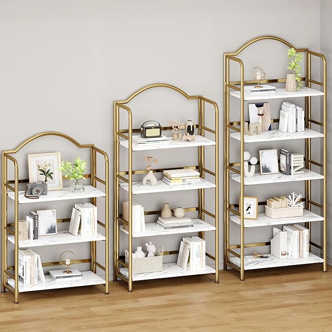 No-Assembly Gold Folding Bookshelf Storage Shelves 4 Tiers Vintage Multifunctional Plant Flower Stand Storage Rack Shelves Bookcase for Home Office