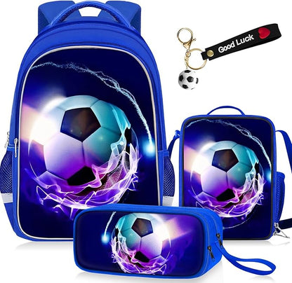 School Backpack for Boys - 4pcs Soccer Boys Backpack with Lunch Box and Pencil Case for Kids Children Teens Elementary Middle School - Students Bag for Ages 6-18,17″Bookbag Travel Back Pack