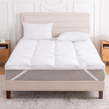 3 Inch White Goose Feather Mattress Topper,Full Feather Bed Topper,Mattress Cover with Straps,Ultra Soft Pillowtop,100% Organic Cotton Fabric(54”x75”)