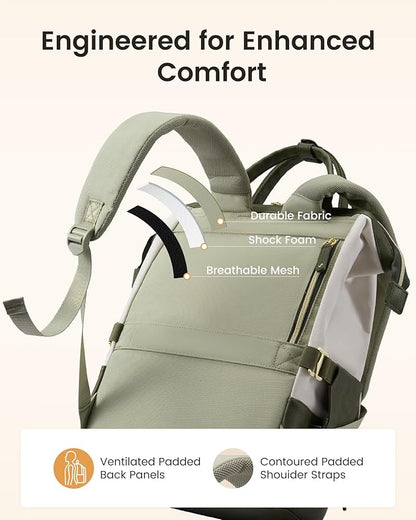 LOVEVOOK Laptop Backpack for Women with Giant Tumbler Holder,15.6 inch Professional Nurse Teacher Backpack Computer Laptop Bag,Cute Travel Backpack Purse Work College Bag,Beige-Bean green-Army green