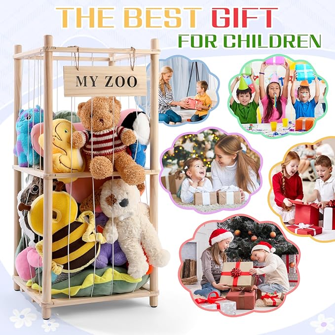 Stuffed Animal Storage Zoo, Wooden Stuffed Animal Organizer with Elastic Cords for Boys Girls, Space Saving Toy Plushies Storage Holder for Playroom, Bedroom, Living Room (Burlywood, Small)