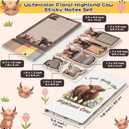 B1ykin Cute Sticky Notes Set - I Just Really Like Highland Cow Self-Stick Notes Pad, 550 Sheets Writing Memo Pages Sticky Notepad for Teacher Appreciation Gift, School Party Supplies (Wildflower Cow)