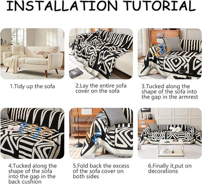 HANDONTIME Boho Armchair Slipcovers for Dogs - Black & Beige Chenille Couch & Sofa Covers for Recliner, Sectional - 59" X 71"