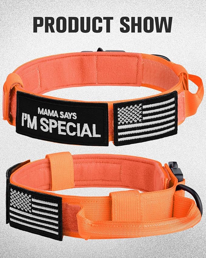 Joytale Tactical Dog Collar with Handle, Adjustable Heavy Duty Military Collar with 2 Patches for Training, Suitable for XLarge Dogs, Orange, XL
